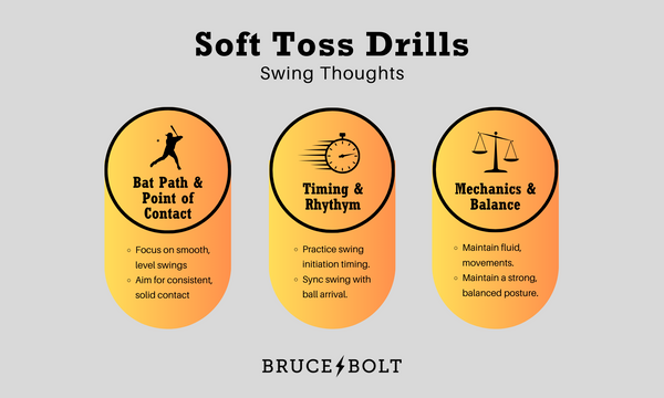 Infographic explains the primary swing thoughts when doing soft toss drills.