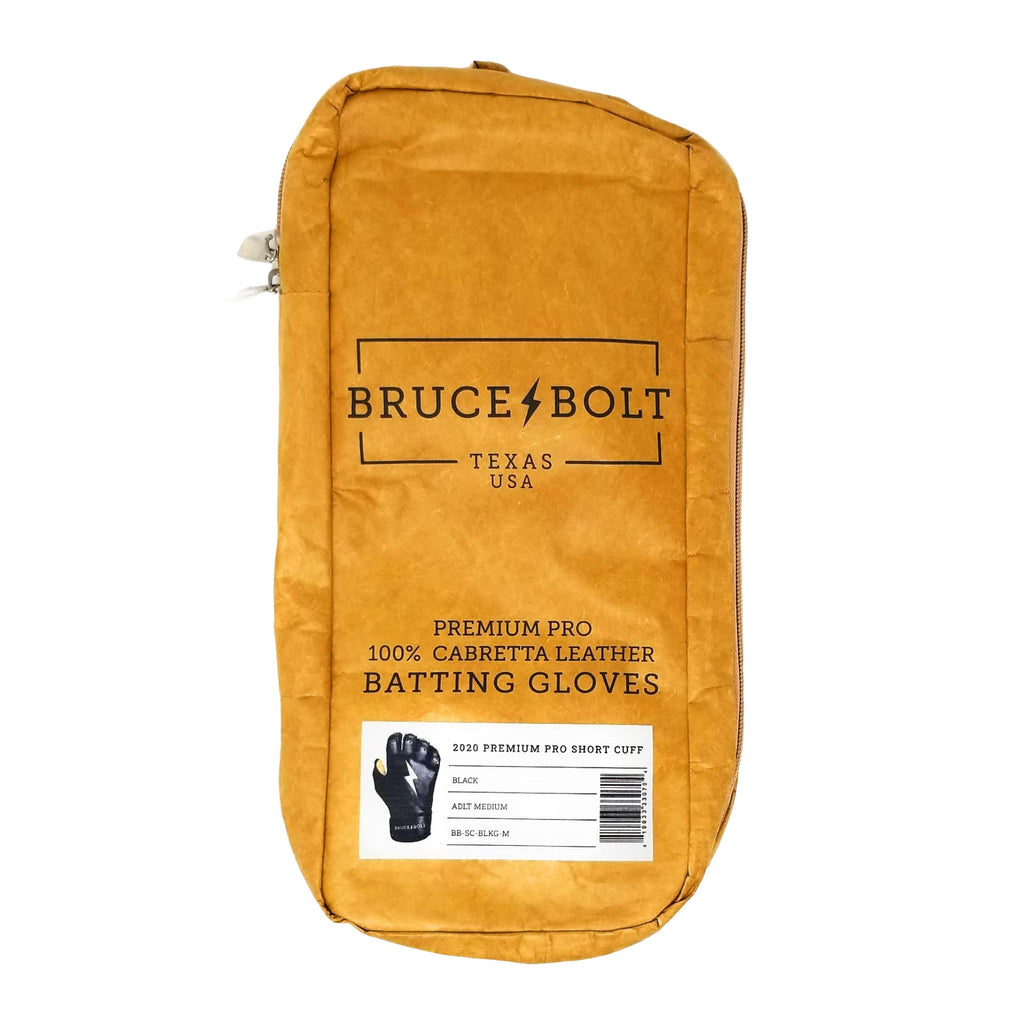 BRUCE BOLT Short Cuff Black 2021 PREMIUM PRO GLOVE BAG. This is a batting glove bag made specifically for carrying BRUCE BOLT batting gloves.  The glove is kraft or tan color with black text and a black lightning bolt.  This bag has BRUCE BOLT Stickers and a Helmet Sticker inside. 