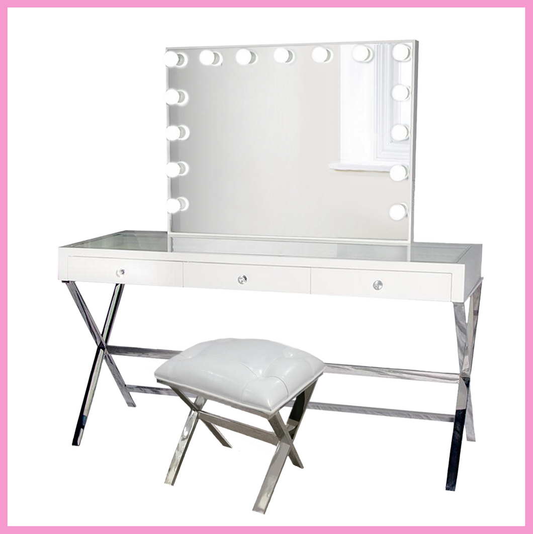 Glamorous White Makeup Vanity Set W Glam Led Mirror Table Chair Glam Mirrors