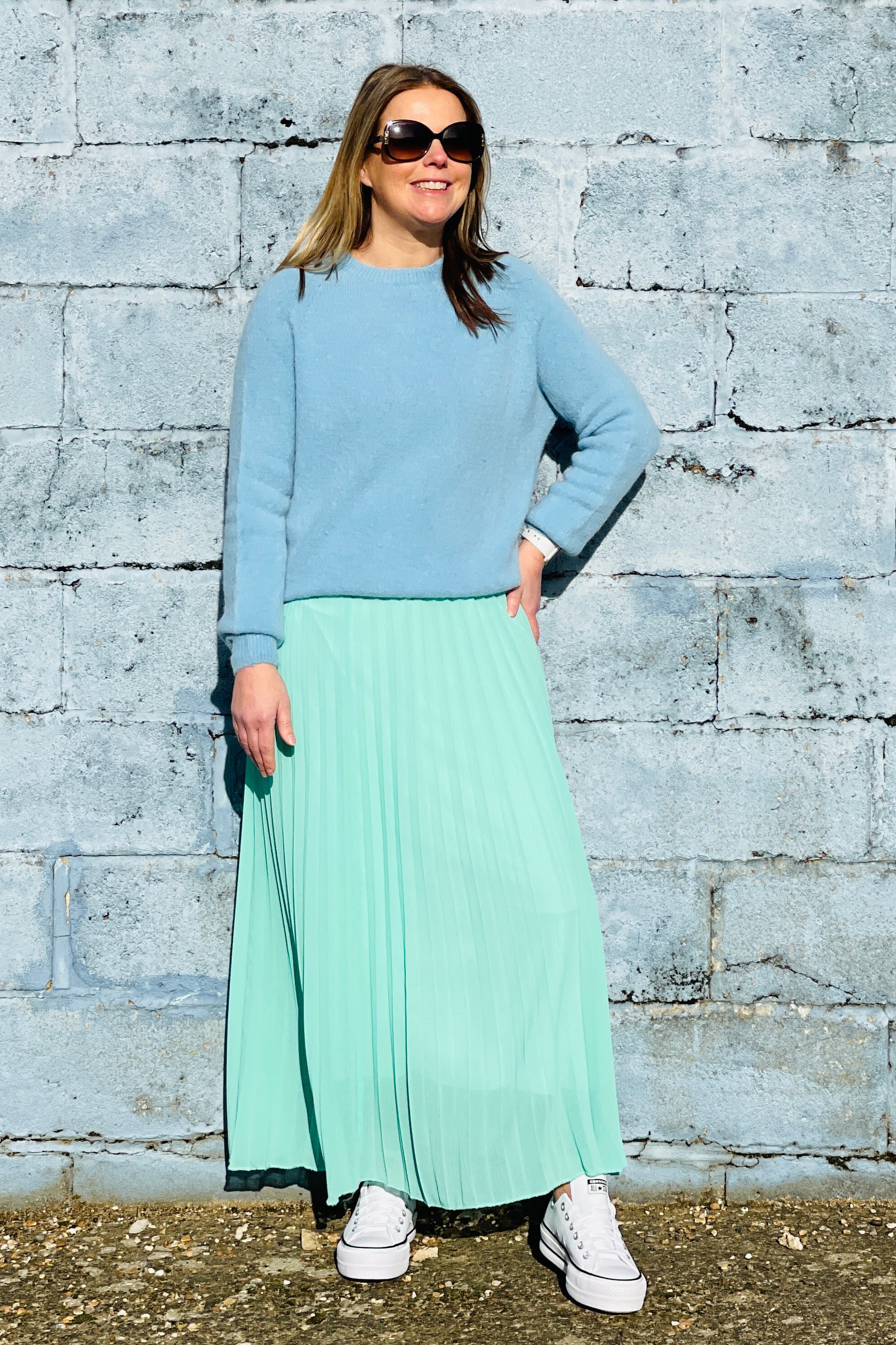 Green pleated maxi skirt uk hotsell