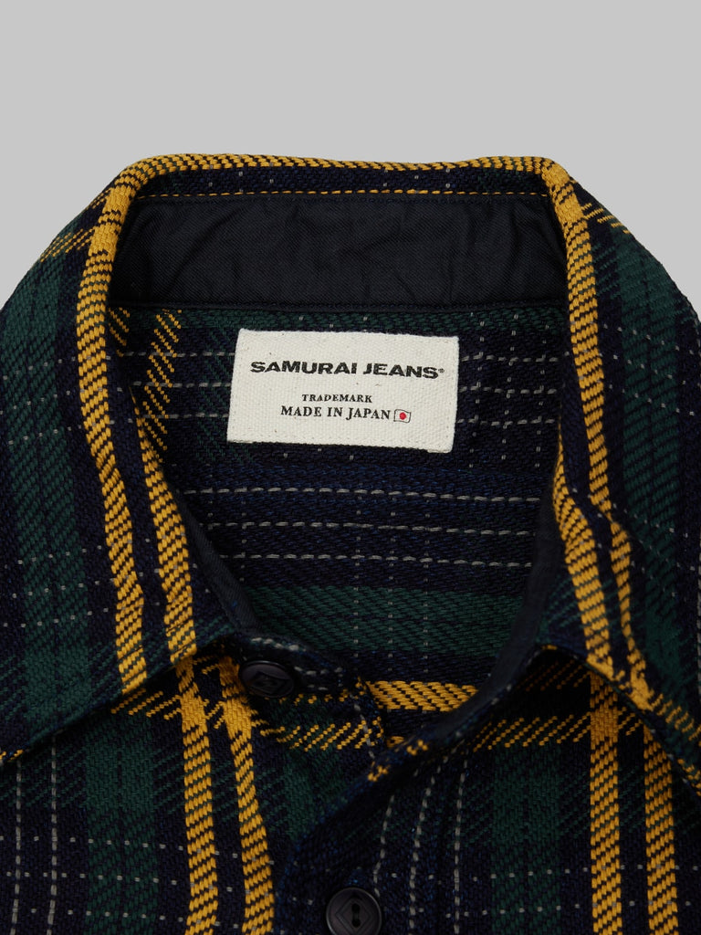 Samurai Jeans Rope Dyed Indigo Heavy Flannel Shirt Green interior label