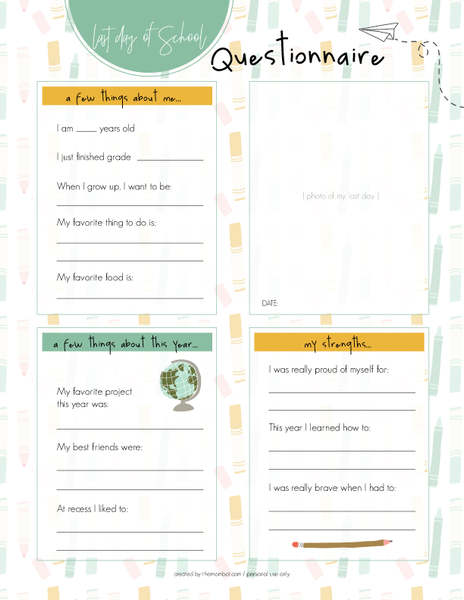 Back to School, First and Last Day of School Questionnaire free download and printable