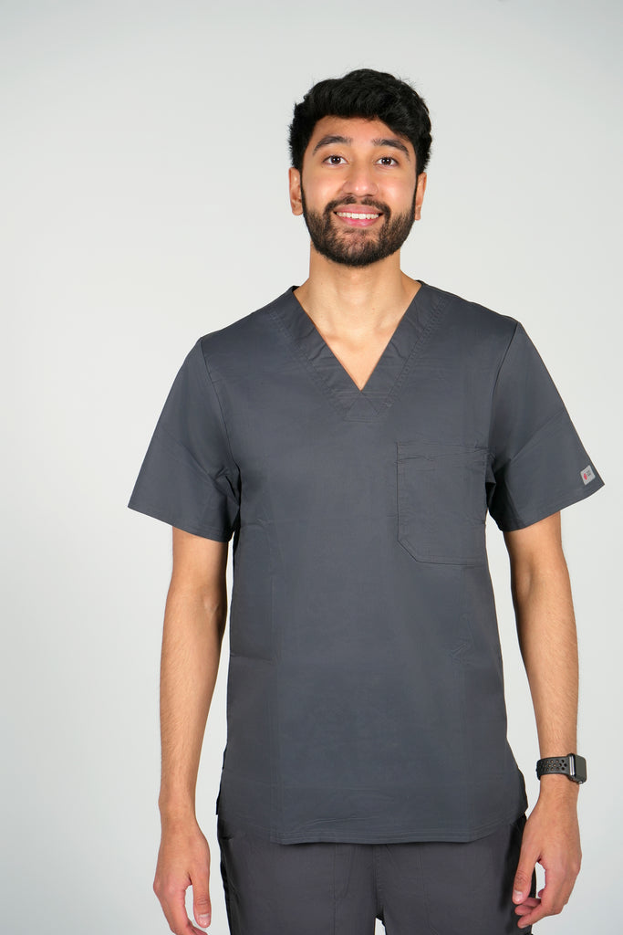 Nursing Student wearing men's charcoal scrub top and pants