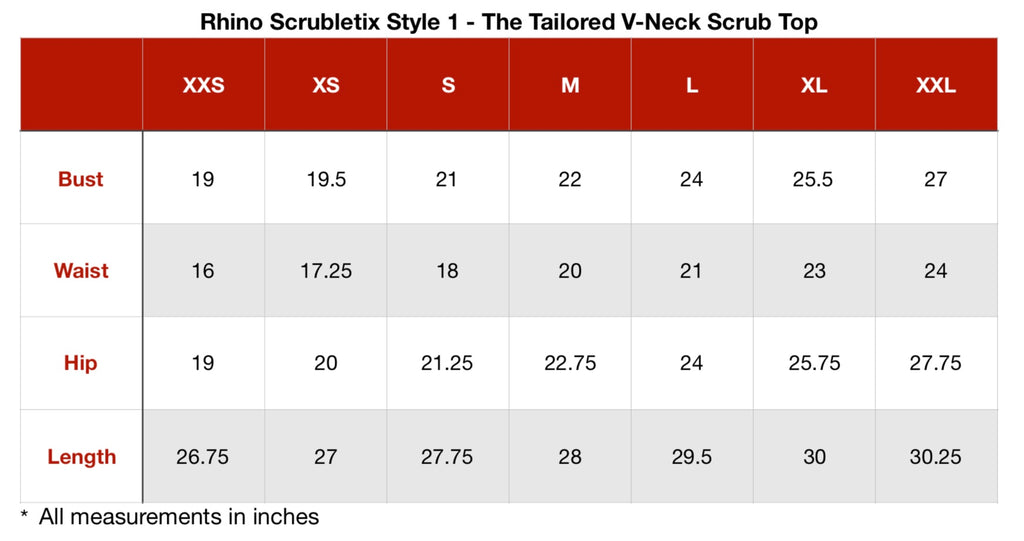 Rhino Scrubletix Style 1 Scrub Top - New Sizing Guide