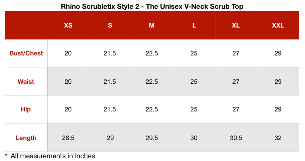 Rhino Scrubletix Style 2 Scrub Top - New Sizing Guide