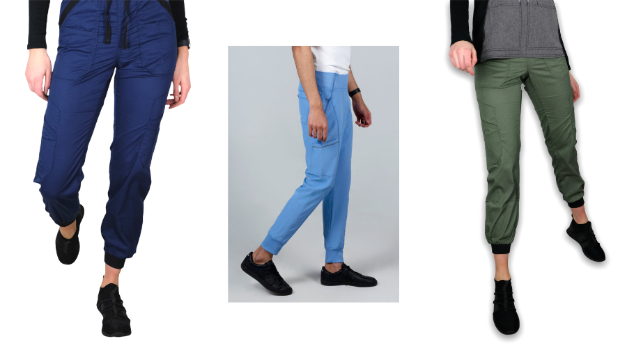 Olive, navy and periwinkle jogger scrub pants worn by healthcare workers