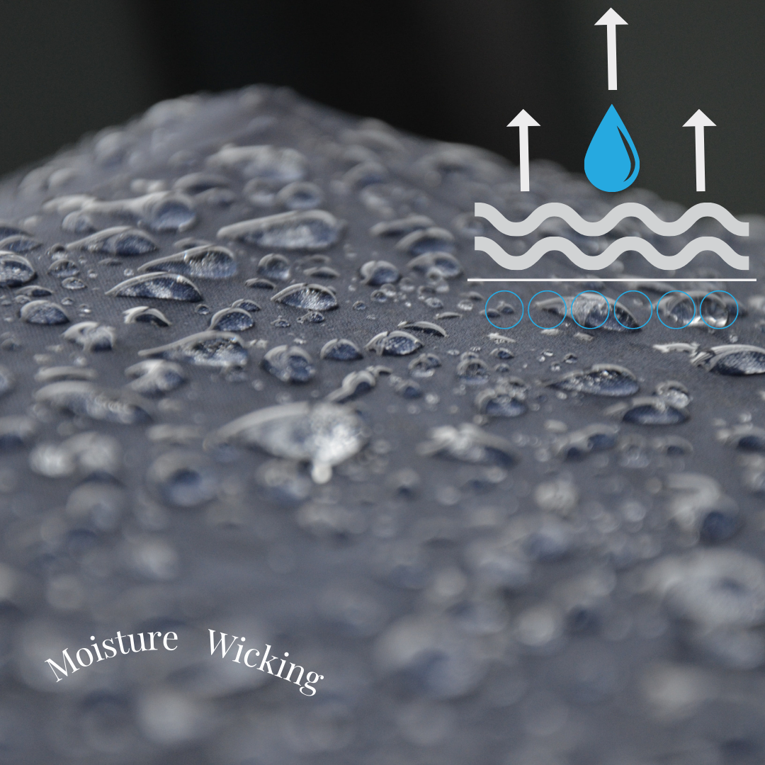 Water droplets with arrows evaporating from surface demonstrating moisture wicking technology in breathable scrubs