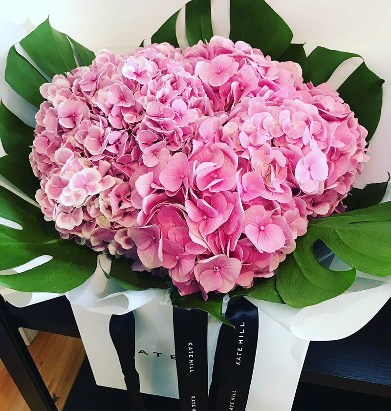Birthday bouquet featuring pink Hydrangea flowers