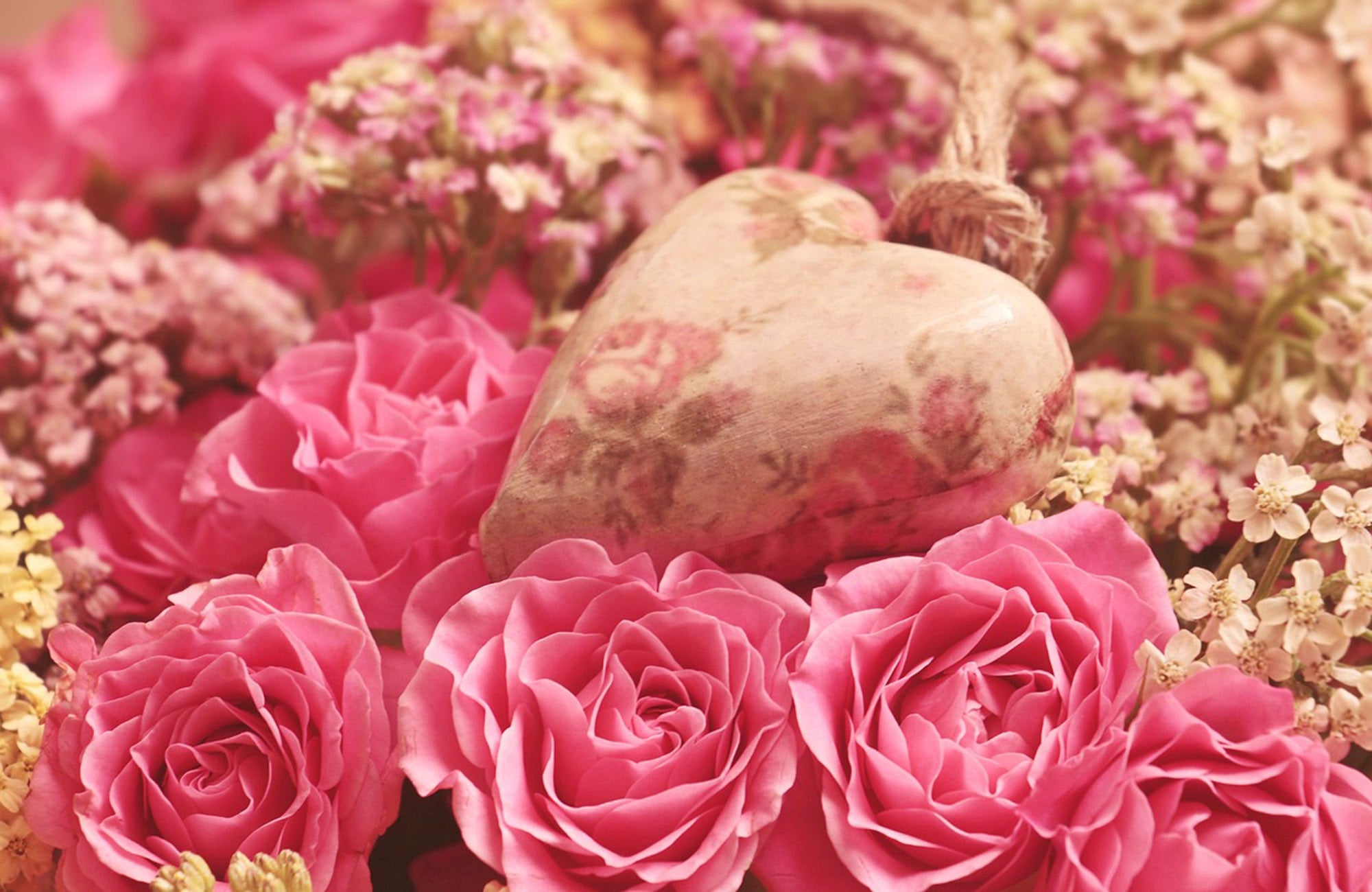 Pink rose and love heart flat lay