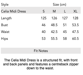 Celia Dress Fit Guide Measurements Moss Living