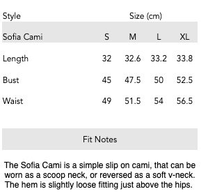 Sofia Silk Linen Cami Fit Guide Measurements