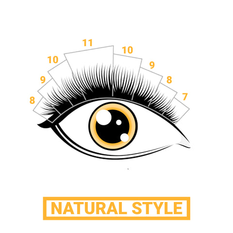 A representation of a natural lash mapping style with lash extensions ranging from 7mm to 10mm.