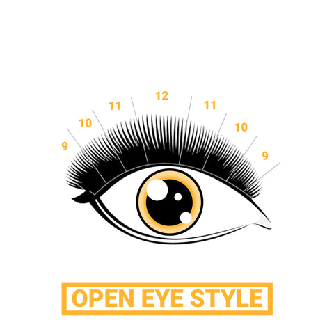 Image of open-eye lash mapping style using lash extensions ranging from 9mm to 12mm.