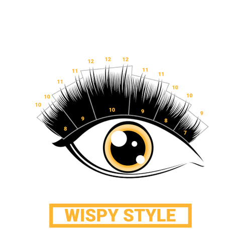 Image of a wispy lash mapping style with lash extensions ranging from 7mm to 10mm.