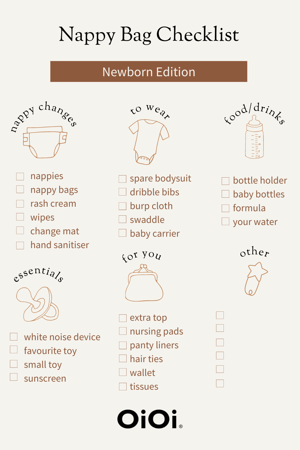 Printable nappy bag checklist infographic showing essential items for baby outings, including diapers, wipes, extra clothes, snacks, toys, sunscreen, and a first aid kit.