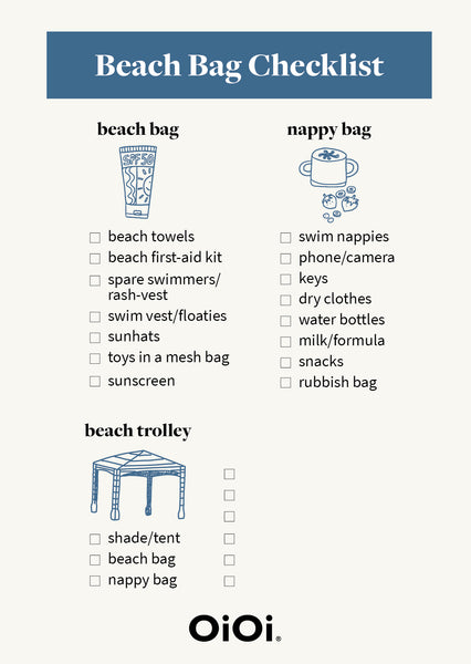 A printable beach bag checklist with items such as sunscreen, a hat, and sunglasses.