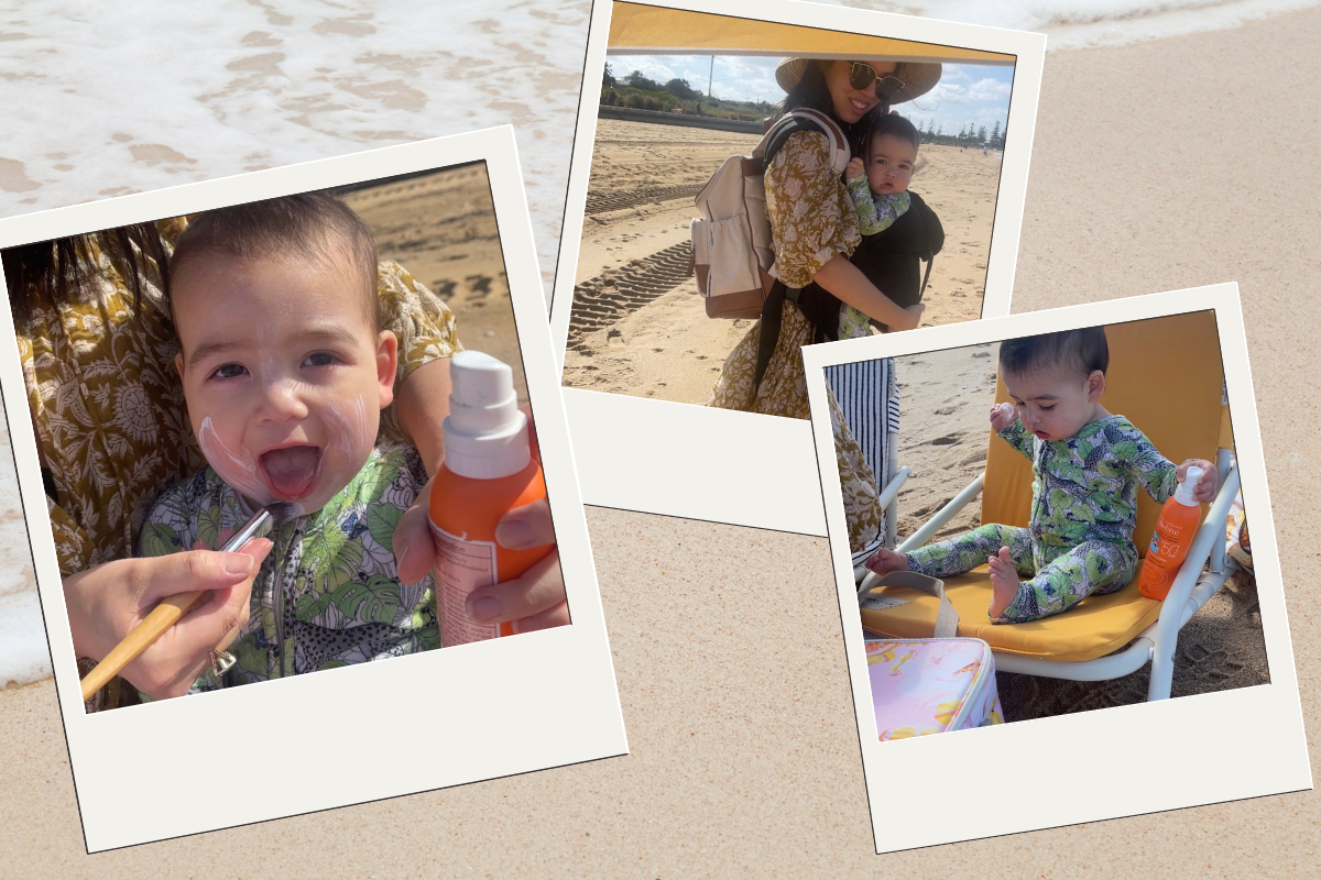 three polaroids of baby's first day at the beach