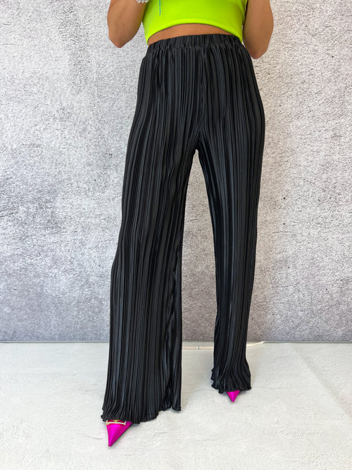 Plisse Pleat Satin Style Trousers In Black