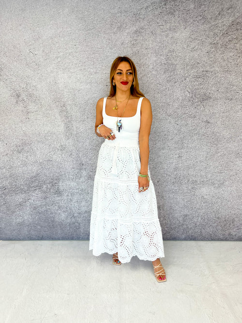 Broderie Anglaise Tiered Midi Skirt In White