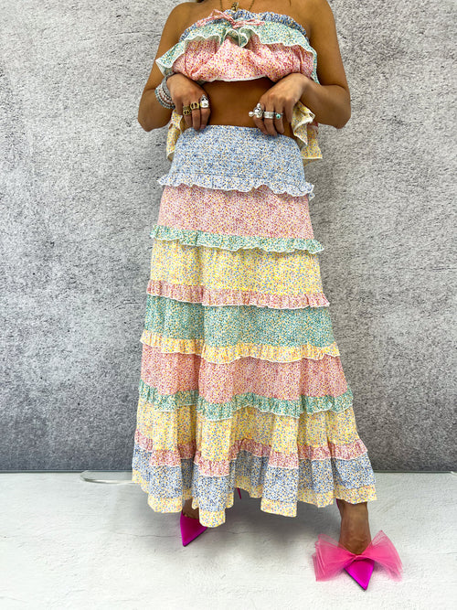 Ditsy Floral Rainbow Stripe Ruffle Midi Skirt