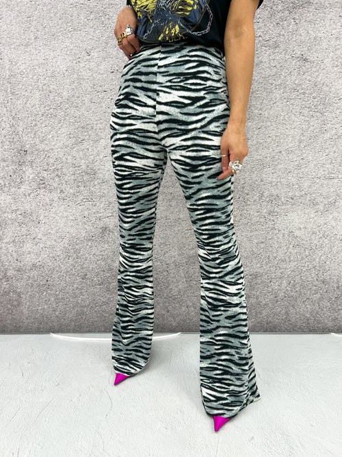 High Waisted Flared Trousers In Grey Tiger Print