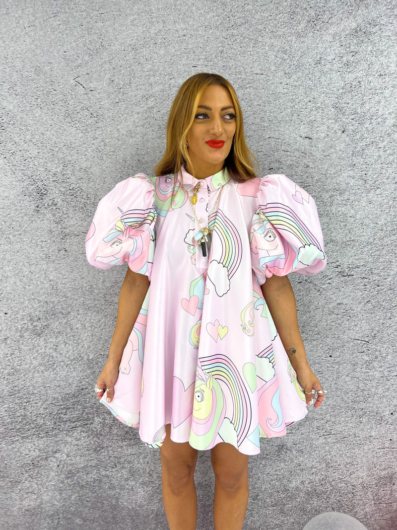 'Unicorn' Puff Sleeve Mini Dress In Baby Pink