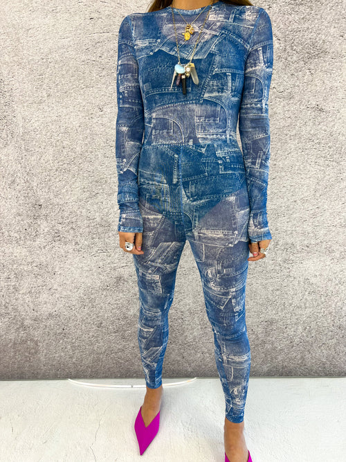 Sheer Long Sleeve Mesh Unitard In Scattered Denim Print