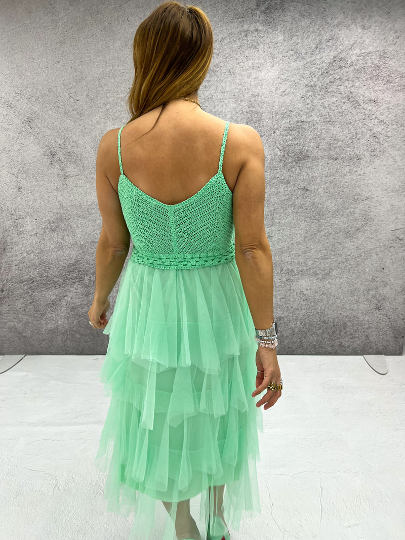 Crochet Top Ruffle Tulle Midi Dress In Mint