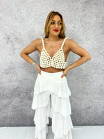 High Waisted Tiered Ruffle Trousers In White