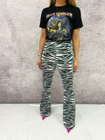 High Waisted Flared Trousers In Grey Tiger Print