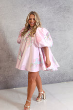 'Unicorn' Puff Sleeve Mini Dress In Baby Pink