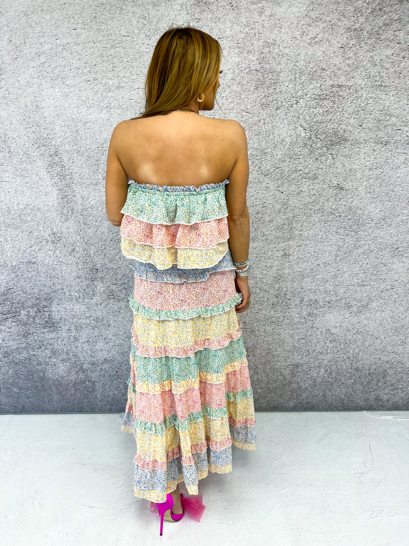 Ditsy Floral Ruffle Bandeau Top In Rainbow Stripe