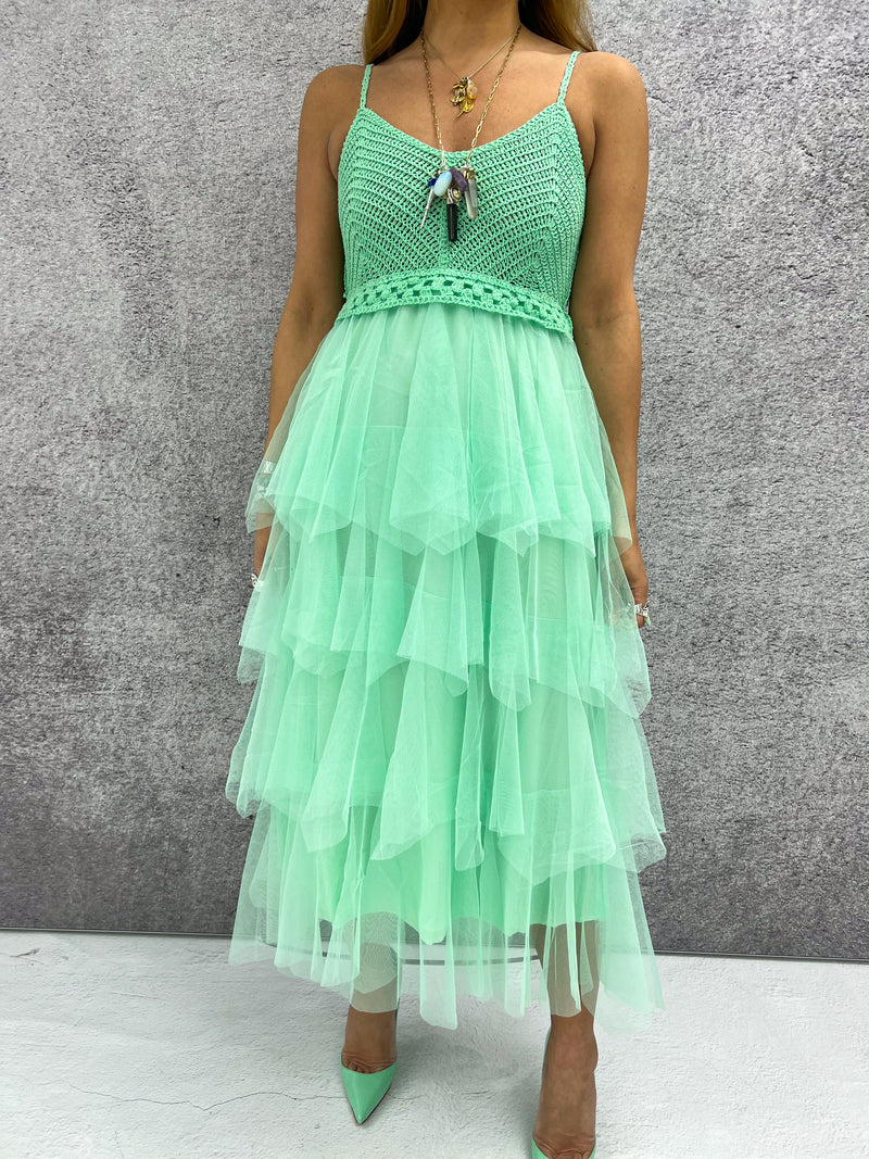 Crochet Top Ruffle Tulle Midi Dress In Mint