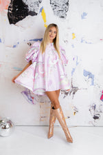 'Unicorn' Puff Sleeve Mini Dress In Baby Pink