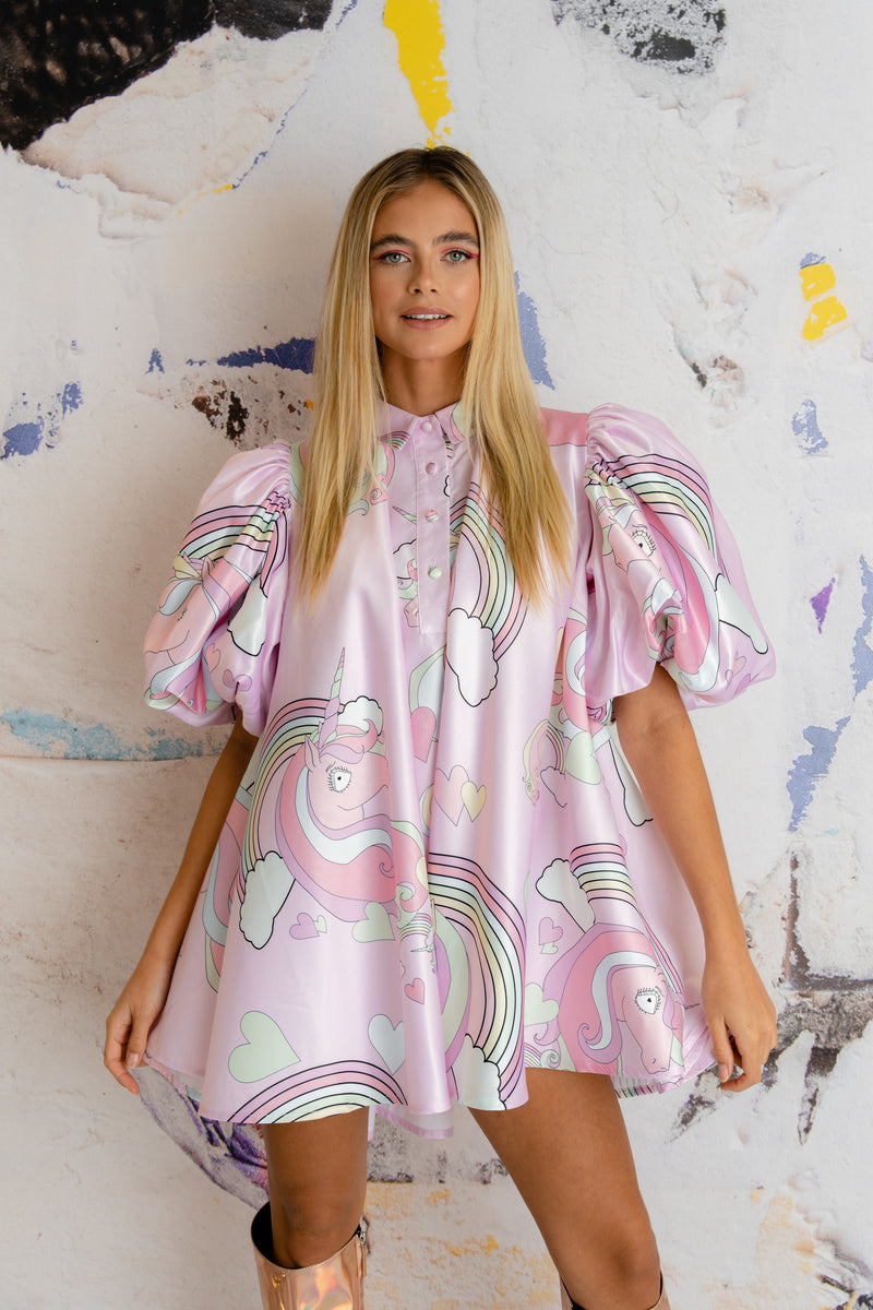 'Unicorn' Puff Sleeve Mini Dress In Baby Pink