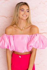 'Fortuna' Puff Sleeve Corset Top In Pink Candy