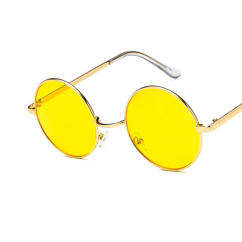 Women's Round Sunglasses With Metal Frame Pink Yellow Lens - Glamoxury