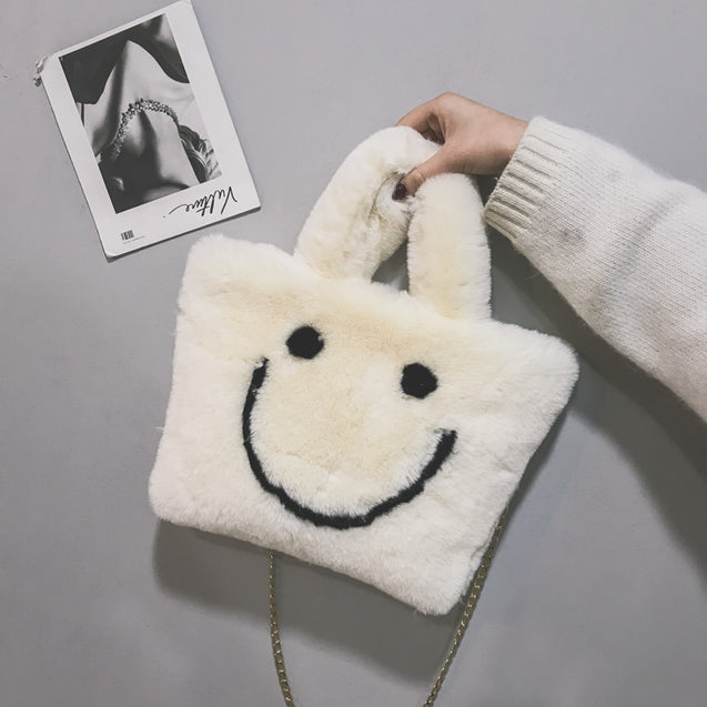 Women Plush Smiley Tote Bag - Glamoxury