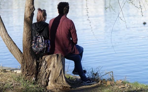 Couple sitting on a tree in nature