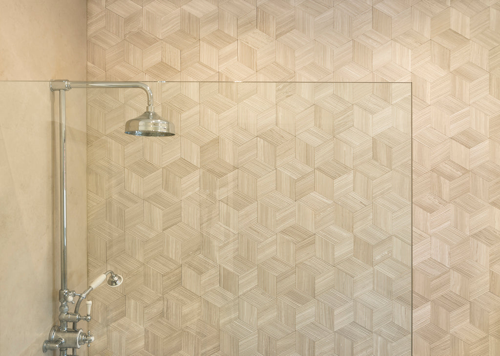 Limestone Persiano wall cladding shower feature wall rhomboid tiles silk georgette stone effect