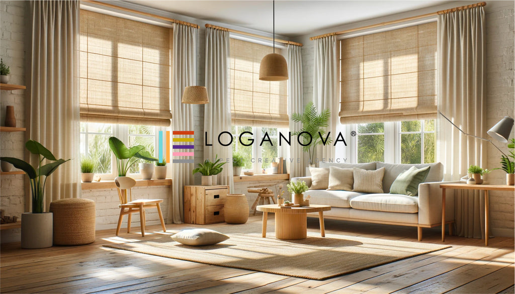 living room that reflects an eco-friendly design with Roman shades crafted from sustainable materials.