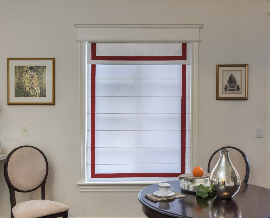 Custom White Red Border Flat Roman Shade With Valance Loganova Shades