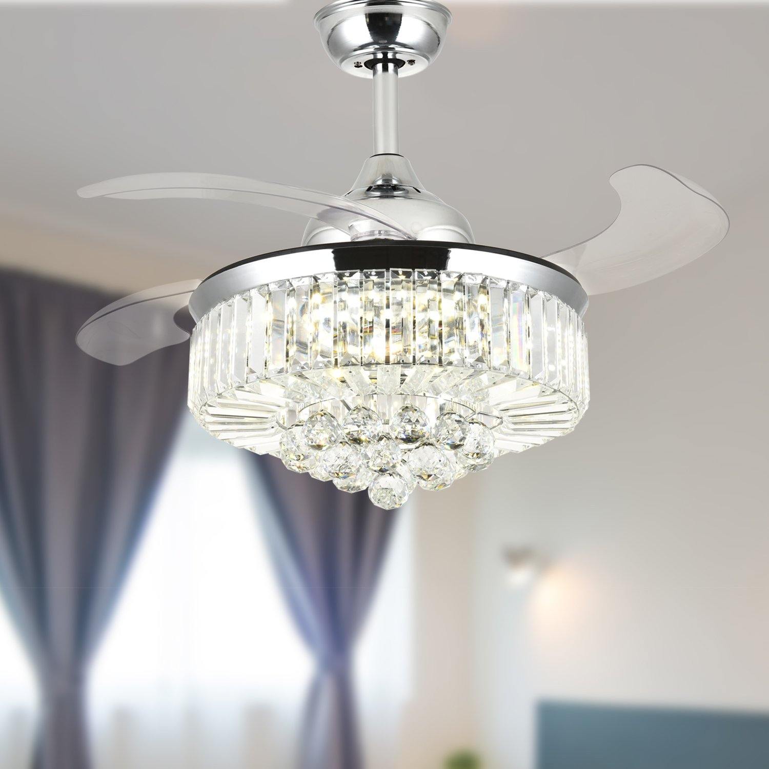 Crystal Ceiling Fans With Retractable Blades And Dimmable Lights 36 Chrome