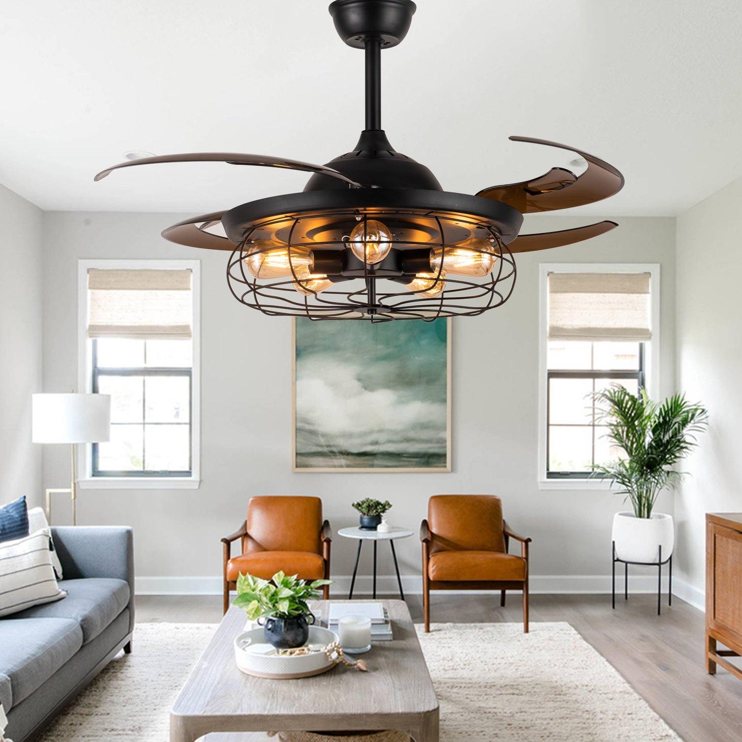 Industrial Ceiling Fan Chandelier With Retractable Blades And