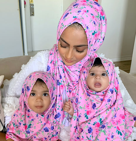 mother nazimah with her two daughters in our pink floral mommy and me hijabs