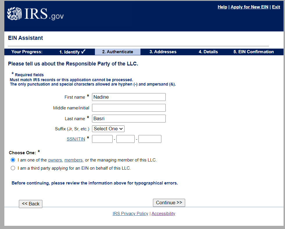 owner of LLC details - EIN application