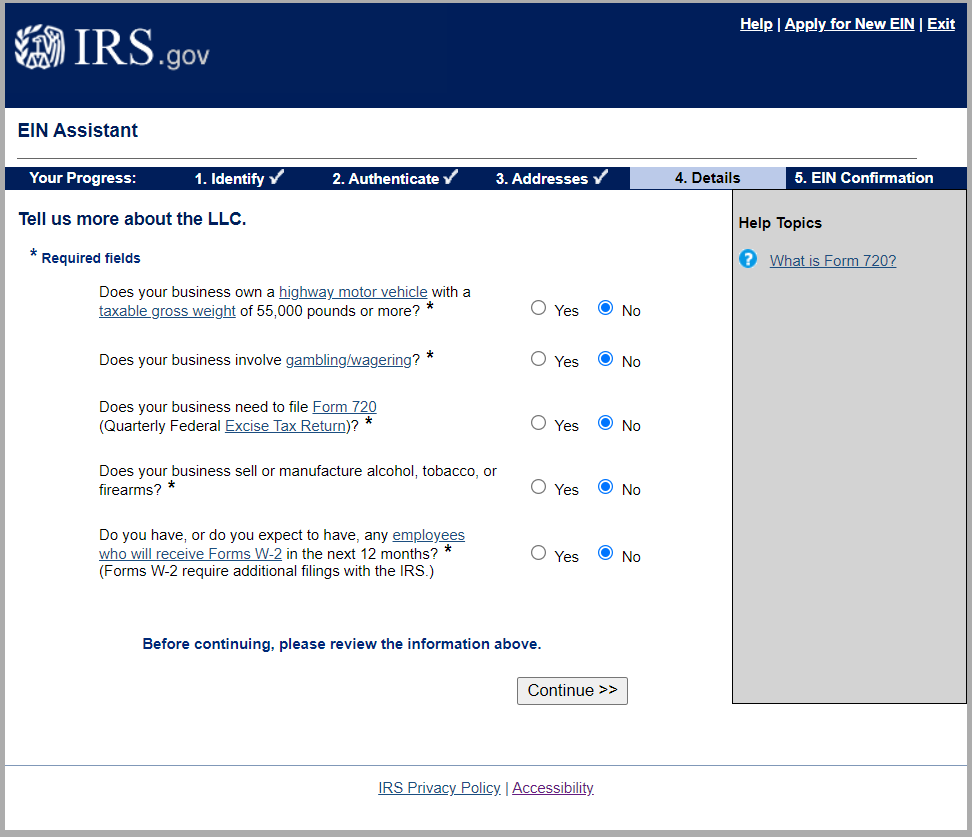 type of business - EIN application questions