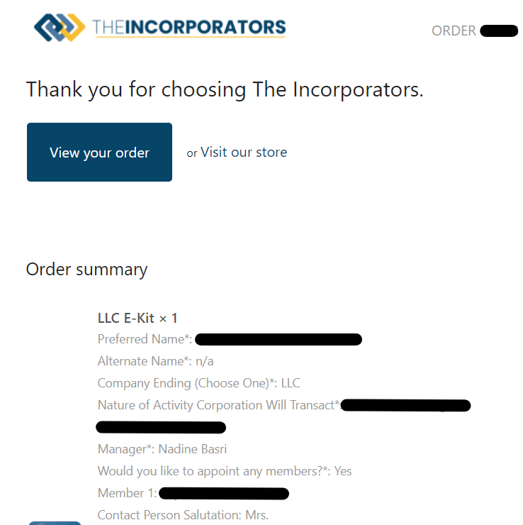 LLC purchase email confirmation