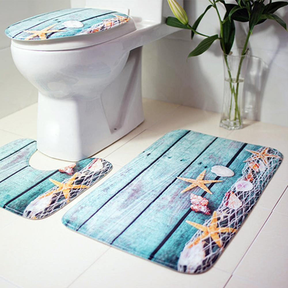 3 Pcs Bath Mats Ocean Underwater World Anti Slip Bathroom Mat Set