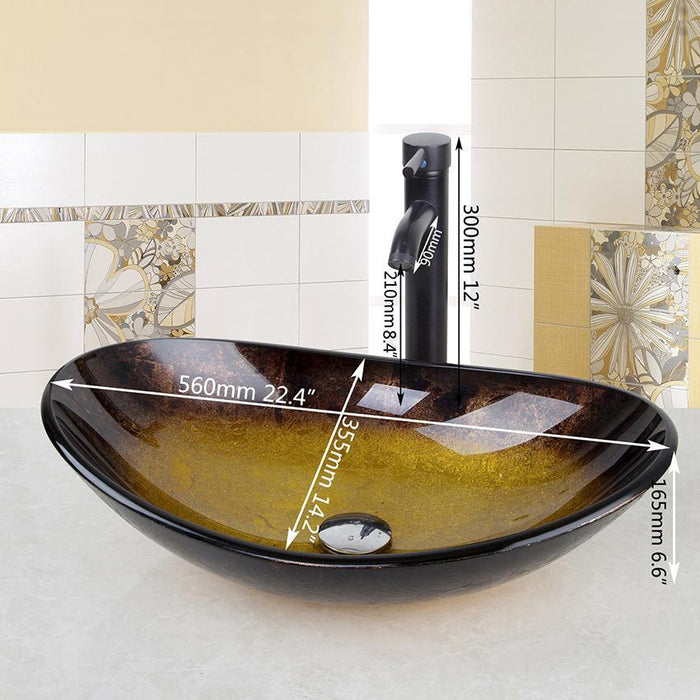 Bathroom Washbasin Countertop Tempered Glass Basin Sink Faucet Set